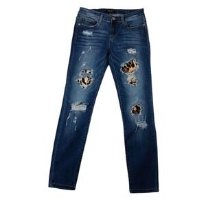 Judy Blue Jeans Womens 7/28 Blue Distressed Skinny Leopard Patch Stretch Denim